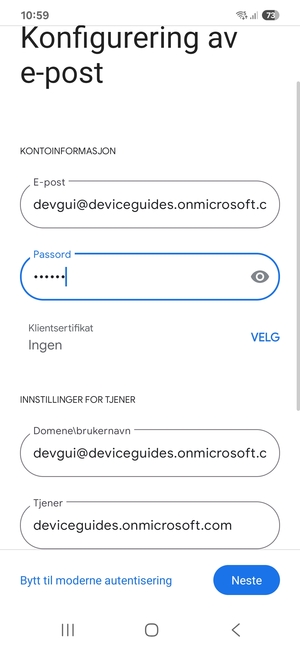 Skriv inn Brukernavn og Exchange serveradresse. Velg Neste