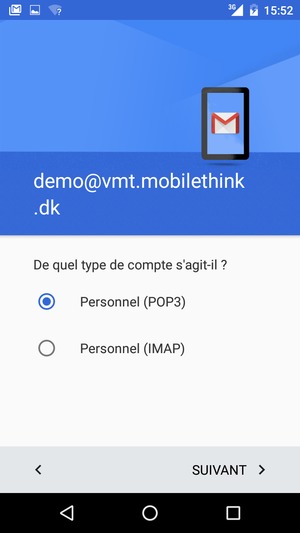 Sélectionnez Personnel (POP3) ou Personnel (IMAP) et sélectionnez SUIVANT