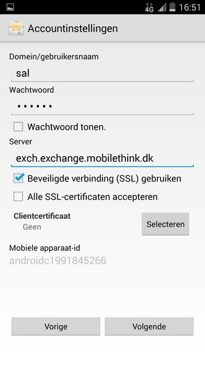 Voer Gebruikersnaam en Exchange serveradres in. Selecteer Volgende