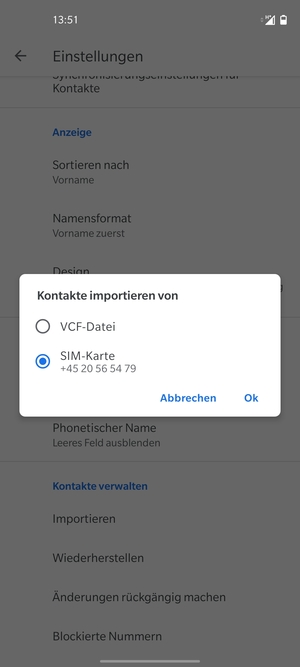 Wählen Sie SIM-Karte und Ok