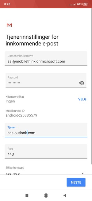 Skriv inn Exchange-serveradresse og velg NESTE