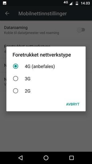 Velg ønsket alternativ