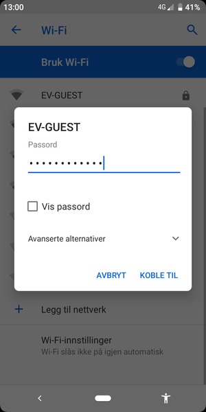 Skriv inn Wi-Fi-passord og velg KOBLE TIL