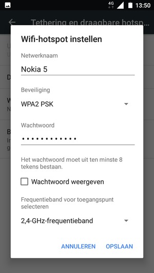 Voer een wachtwoord van een WiFi-hotspot in van ten minste 8 tekens en selecteer OPSLAAN