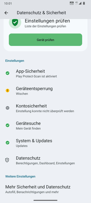 Um die PIN für die SIM-Karte zu wechseln, gehen Sie zum Sicherheit & Datenschutz Menü und scrollen Sie und wählen Sie Mehr Sicherheit und Datenschutz