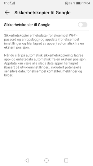 Slå på Sikkerhetskopier til Google