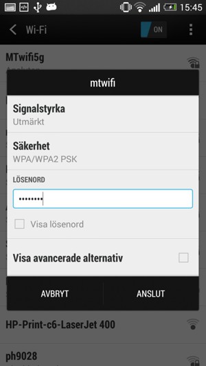 Ange Wi-Fi-lösenord och välj ANSLUT