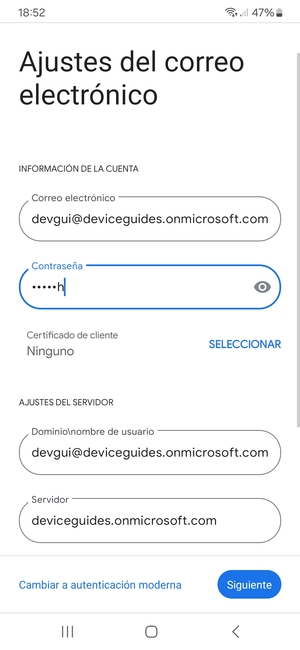 Introduzca Nombre de usuario y la dirección de servidor Exchange. Seleccione Siguiente