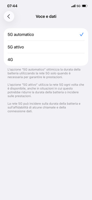 Per abilitare 5G, seleziona 5G automatico o 5G attivo