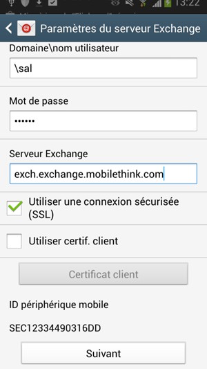Saisissez votre Nom d'utilisateur et l'adresse du serveur Exchange. Sélectionnez Suivant