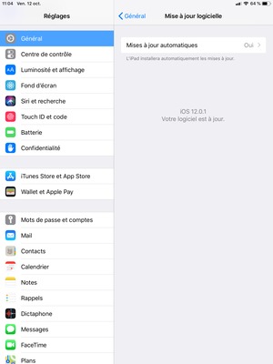 Si votre iPad est à jour, vous verrez l'écran suivant