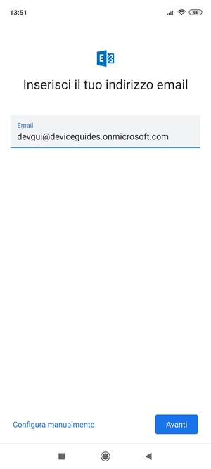 Inserisci il tuo indirizzo email e seleziona Configura manualmente