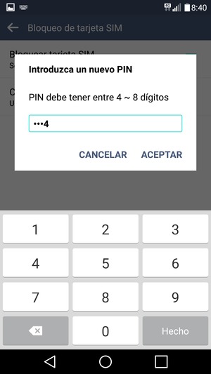Introduzca su Nuevo PIN de tarjeta SIM y seleccione ACEPTAR