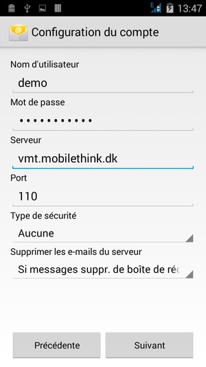 Saisissez votre Nom d'utilisateur et l'adresse du serveur entrant. Sélectionnez Suivant