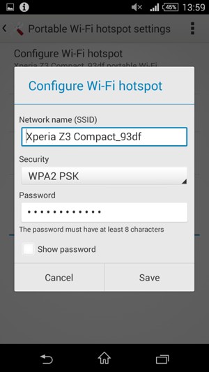 Enter a Wi-Fi hotspot password of at least 8 characters and select Save