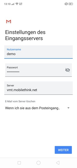 Geben Sie Benutzername und die Server-Adresse für eingehende Post ein. Wählen Sie WEITER