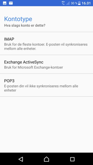 Velg IMAP eller POP3