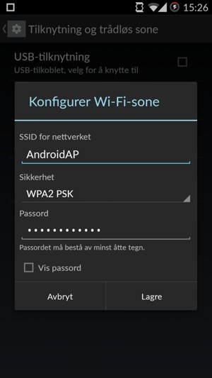 Skriv inn et passord på minst 8 tegn og velg Lagre