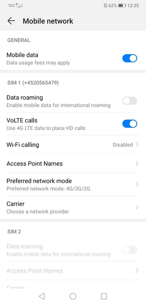 Scroll to SIM 1 or SIM 2 and select Access Point Names