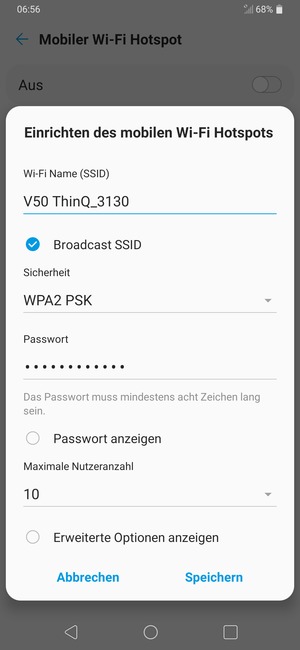 Geben Sie eine WLAN-Hotspot-Passwort mit mindestens 8 Zeichen ein und wählen Sie Speichern