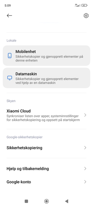 Bla til og velg Sikkerhetskopiering