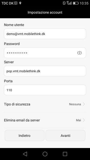Inserisci Nome utente e l'indirizzo del server di posta in arrivo. Seleziona Avanti