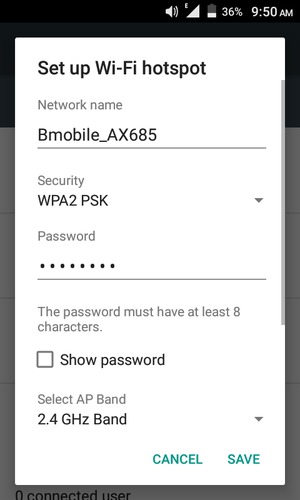 Enter a Wi-Fi hotspot password of at least 8 characters and select SAVE