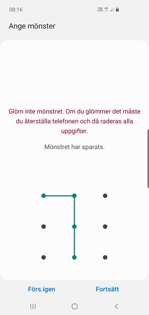 Rita ett upplåsningsmönster och välj Fortsätt