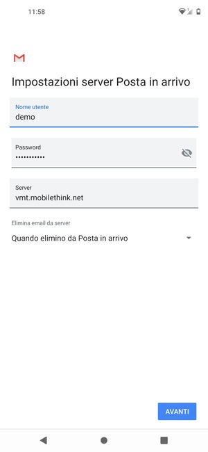 Inserisci Nome utente e l'indirizzo del server di posta in arrivo. Seleziona AVANTI