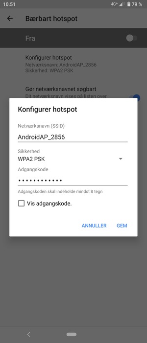 Indtast en Wi-Fi-hotspot adgangskode på minimum 8 tegn og vælg GEM