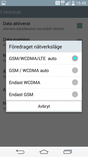 Välj Endast GSM för att aktivera 2G
