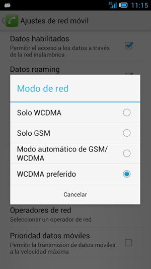Seleccione Solo GSM para habilitar 2G y WCDMA preferido para habilitar 3G