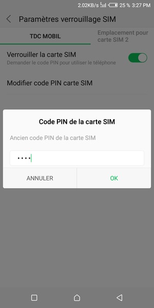 Saisissez votre Ancien code PIN de la carte SIM et sélectionnez OK