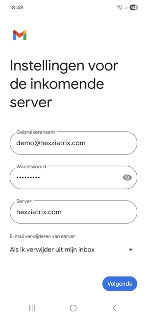 Voer Gebruikersnaam en binnenkomend serveradres in. Selecteer Volgende