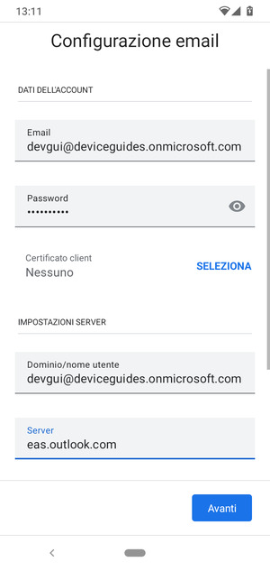 Inserisci Nome utente e l'indirizzo del server Exchange. Seleziona Avanti