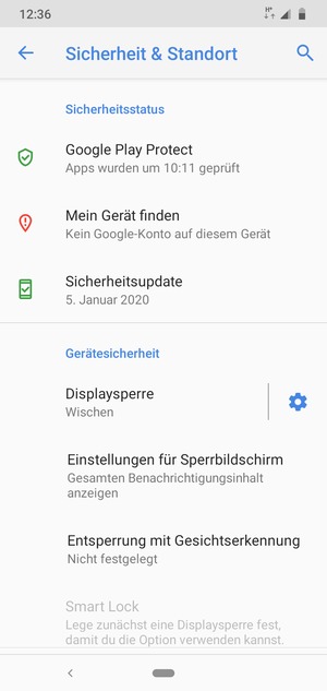 Um Ihre Bildschirmsperre zu aktivieren, gehen Sie zum Sicherheit & Standort Menü und wählen Sie  Displaysperre