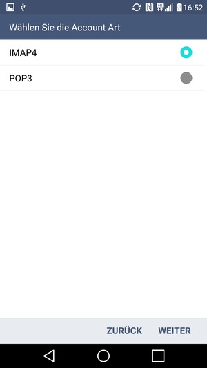 Wählen Sie IMAP4 oder POP3 und wählen Sie WEITER