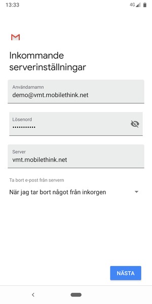Ange Användarnamn och inkommande serveradress. Välj NÄSTA