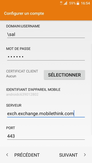 Saisissez votre Nom d'utilisateur et l'adresse du serveur Exchange. Sélectionnez SUIVANT