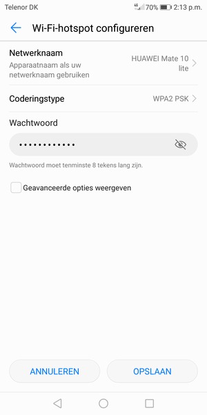 Voer een wachtwoord van een WiFi-hotspot in van ten minste 8 tekens en selecteer OPSLAAN