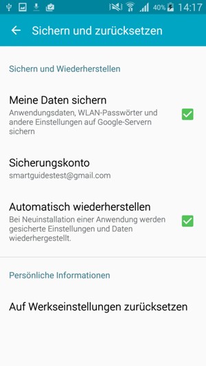 Schalten Sie Meine Daten sichern ein und wählen Sie Sicherungskonto