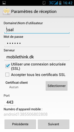 Saisissez votre Nom d'utilisateur et l'adresse du serveur Exchange. Sélectionnez Suivant
