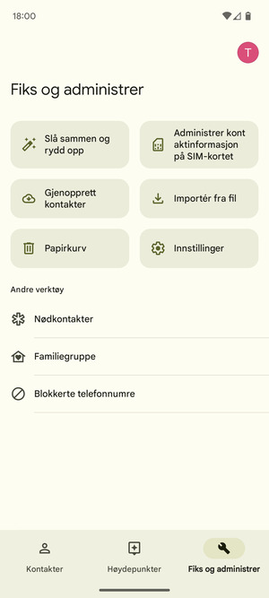 Velg Administrer kontaktinformasjon på SIM-kortet