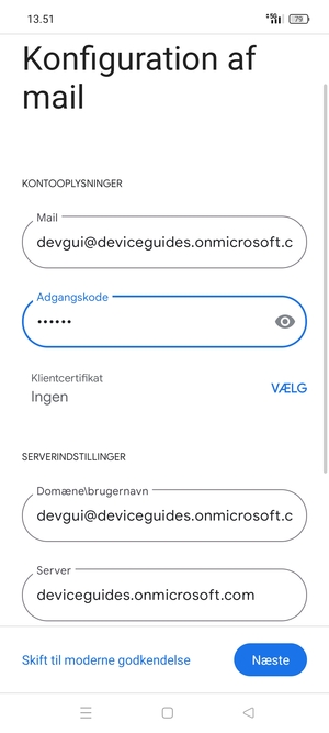Indtast Brugernavn og Exchange serveradresse. Vælg Næste