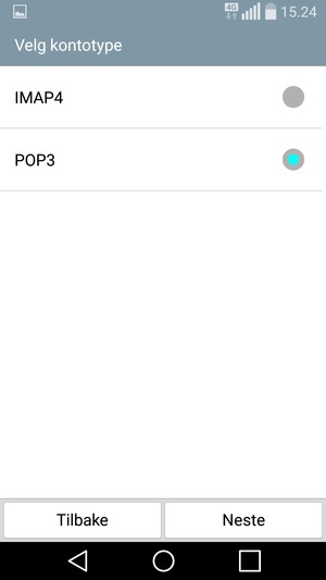 Velg IMAP4 eller POP3 og velg Neste