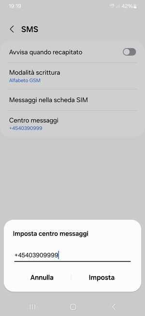 Inserisci il numero di Centro messaggi e seleziona Imposta