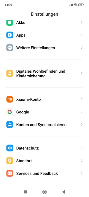 Scrollen Sie und wählen Sie Konten und Synchronisieren