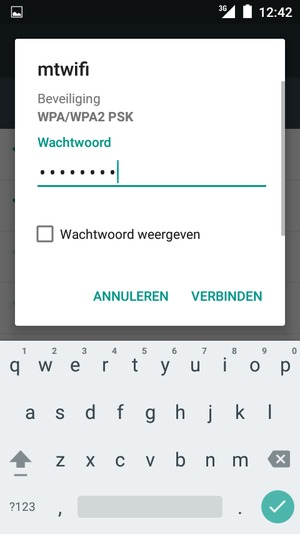 Voer het WiFi-wachtwoord in en selecteer VERBINDEN