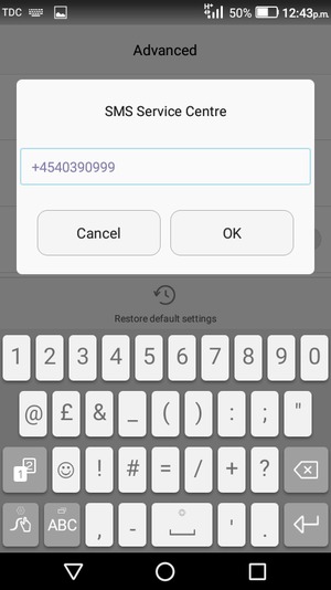 Enter the SMS Service Centre number and select OK