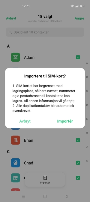Velg Importér